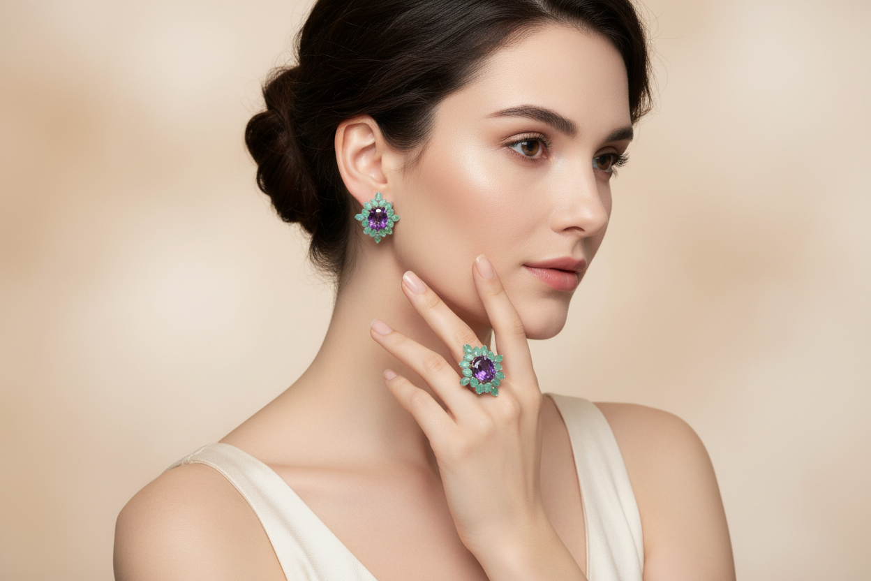 Set aretes y Anillo talla 7.5, en plata925 con esmeraldas y amatistas naturales