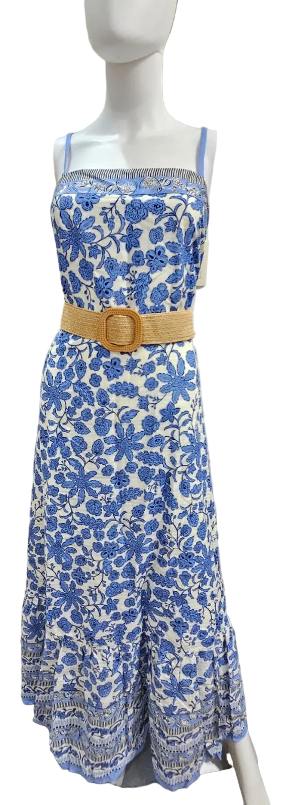 Taylor, Vestido de Tirantes con Flores Celestes y Faja, Talla 14