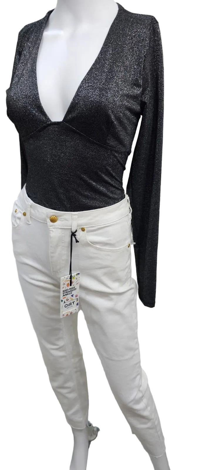 Sincerely Jules, Blusa tipo Bodysuit, Negro Brillante Talla S