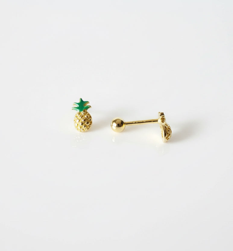 Aritos de forma de piña con rosca de seguridad en plata925 con baño