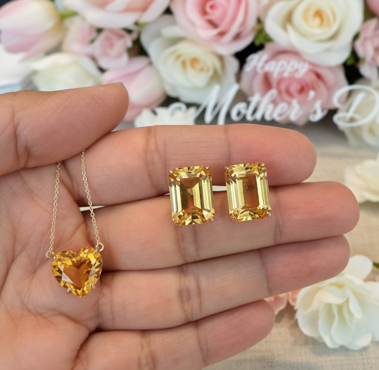 Aretes en oro de 14k y Citrinas Naturales en Corte Esmeralda, pin y mariposa