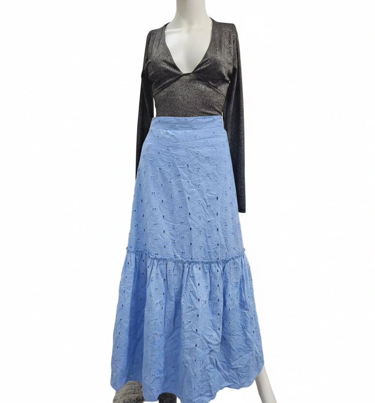 Calypso, Falda Larga Celeste en Tira Bordada, talla L