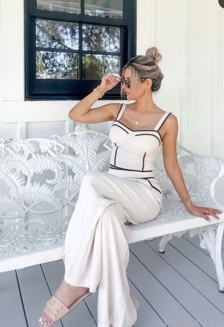 Sienna Sky, Set de Pantalon y Blusa Blanco Crema, Talla L