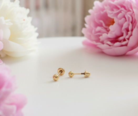 Aritos con rosca de seguridad de pelotita, oros e 10k