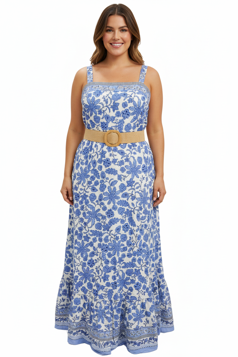 Taylor, Vestido de Tirantes con Flores Celestes y Faja, Talla 14
