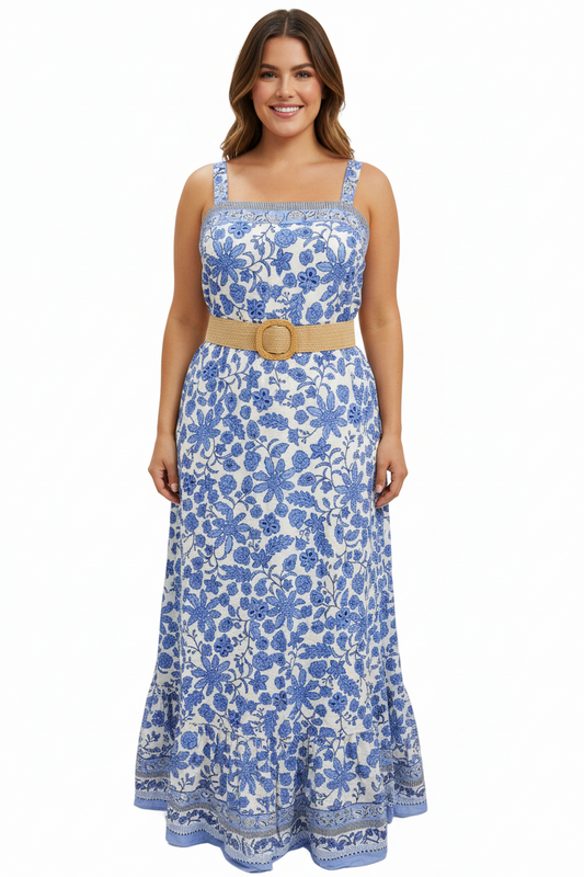 Taylor, Vestido de Tirantes con Flores Celestes y Faja, Talla 14
