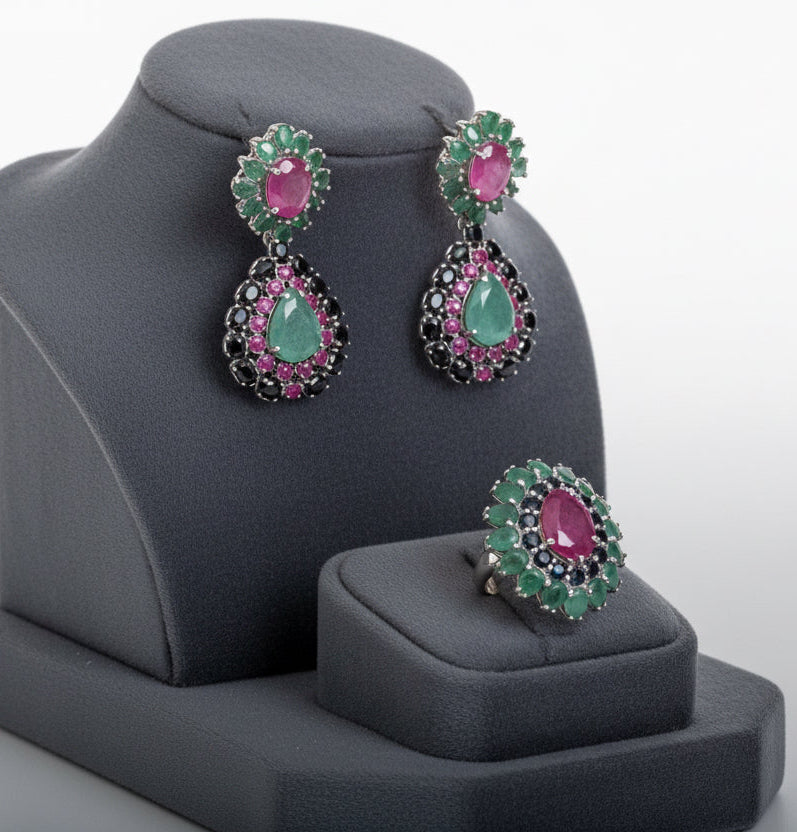 Aretes largos en plata925 esmeraldas, zafiros y rubíes naturales