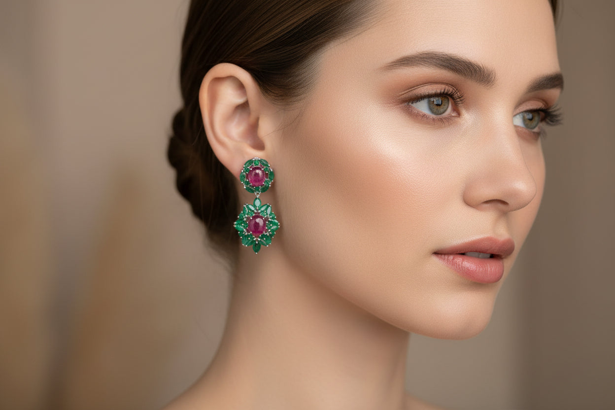 Aretes Largos, plata925, Esmeraldas y Rubíes Cabochon Naturales
