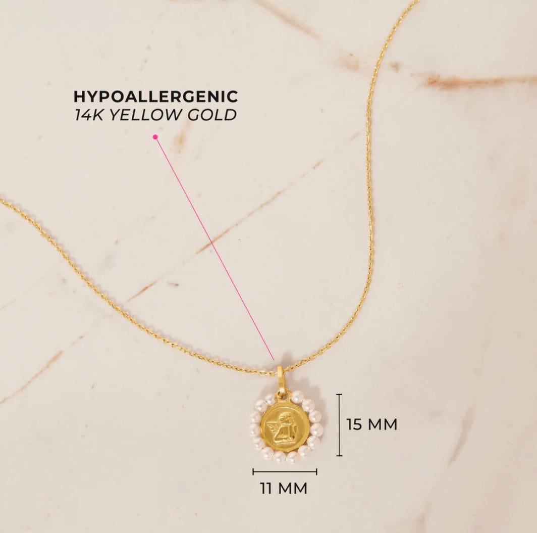 Cadena con medalla de Ángel de la guarda en oro de 14k y perlas