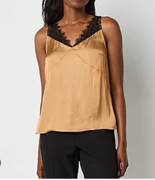 Worthington Blusa Sin Mangas de Satin con Encaje Negro