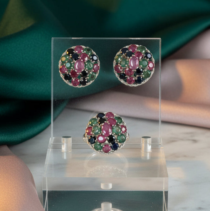 Juego de aretes y anillo talla 8.5, Plata925, Esmeraldas, Rubies y zafiros naturales