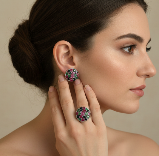 Juego de aretes y anillo talla 8.5, Plata925, Esmeraldas, Rubies y zafiros naturales