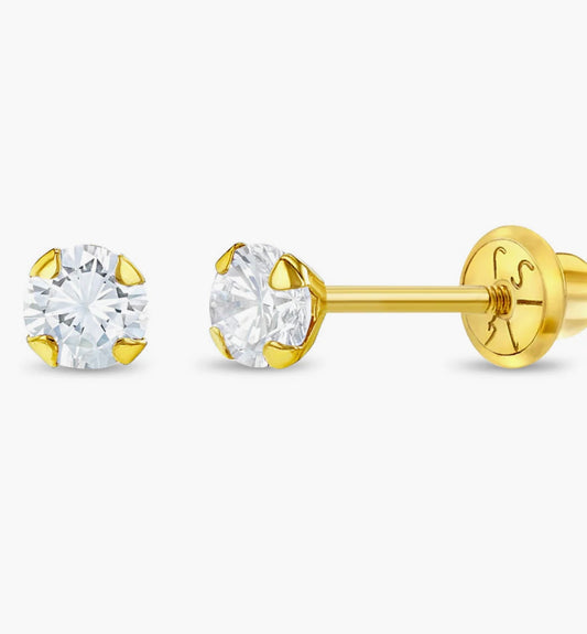 Aritos en oro de 14k con rosca de seguridad, ideal para niña o piercing, solitario