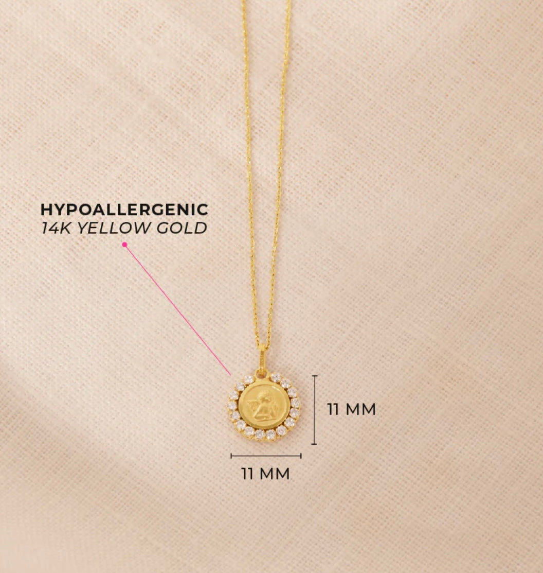 Cadena de oro de 14k y medalla de Ángel de la guarda con zircones,