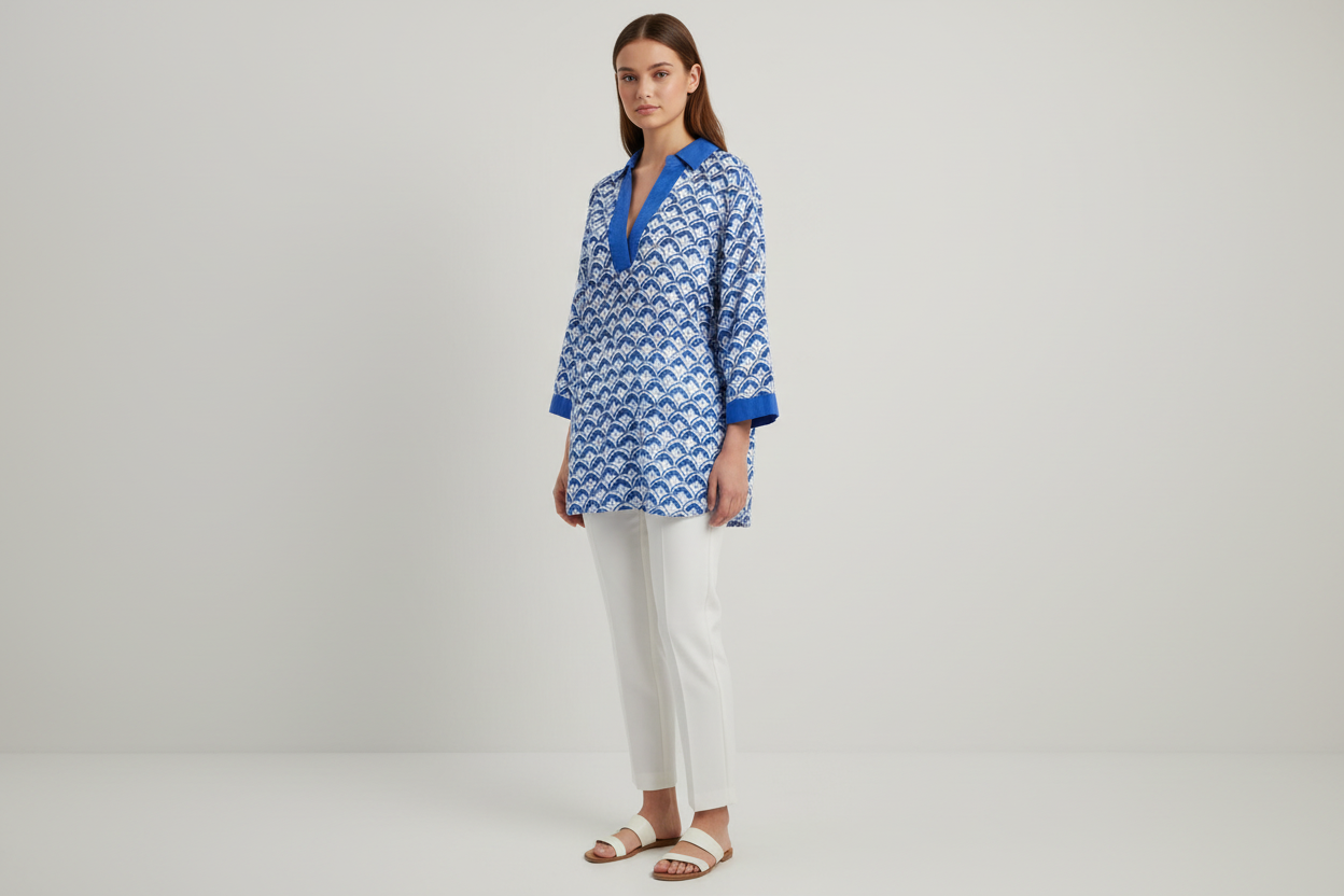 Sigrid Olsen Blusa manga corta estampada en tonos azules de lino