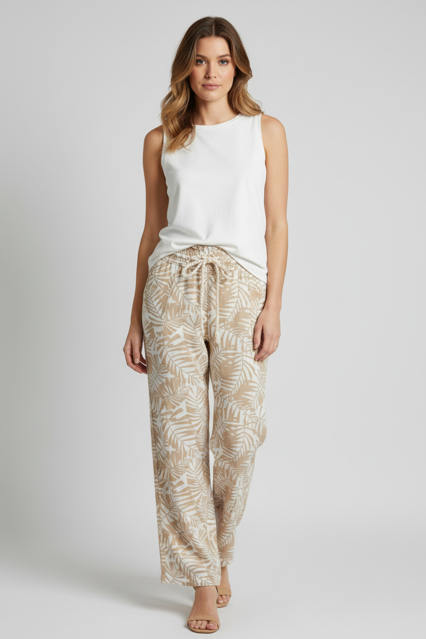 Cali 1850 Pantalon Estampado de Lino Colores Tierra, Talla L
