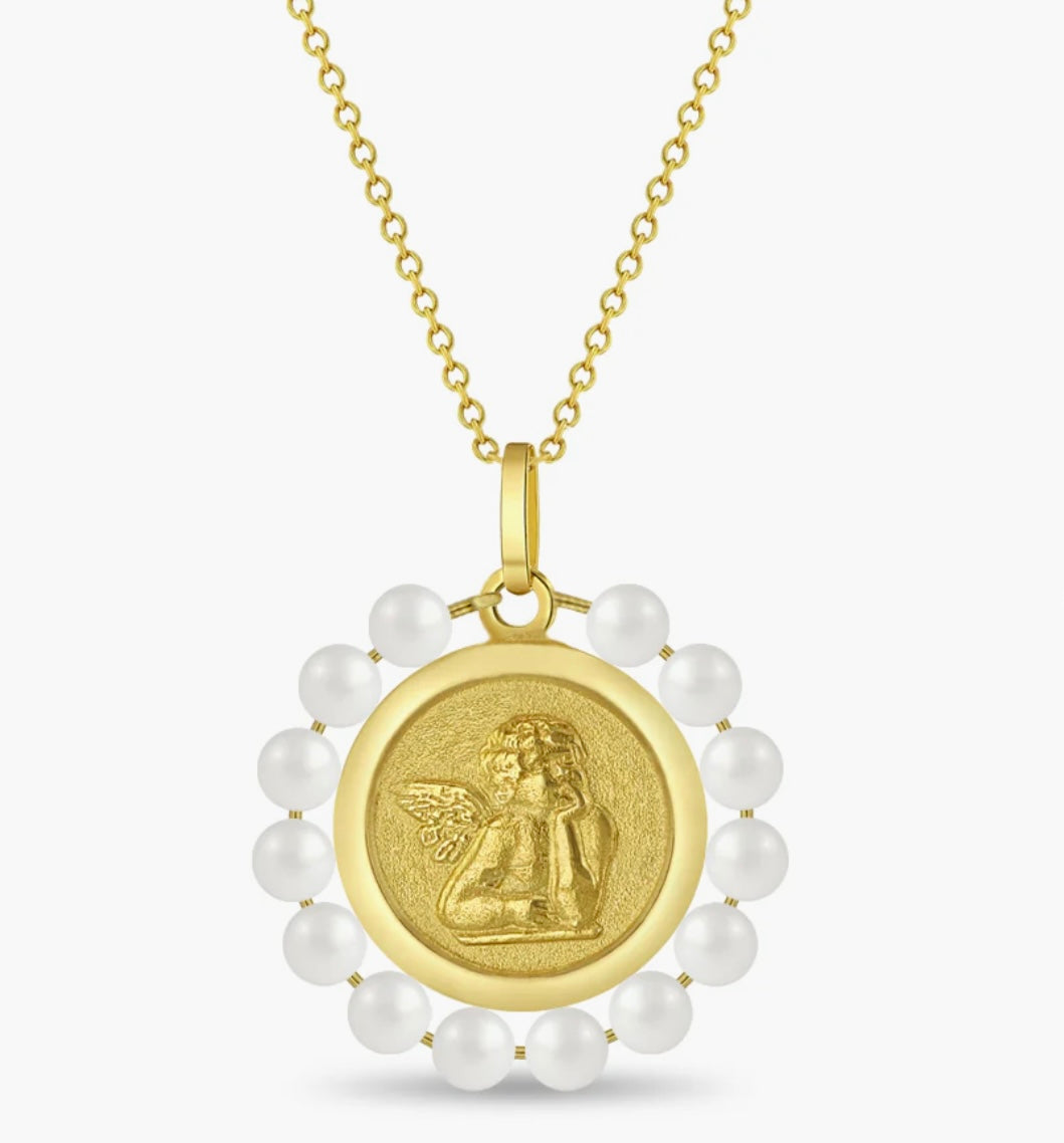 Cadena con medalla de Ángel de la guarda en oro de 14k y perlas