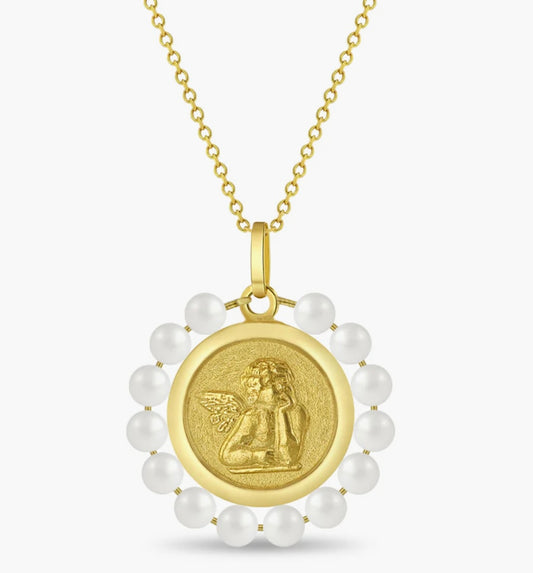 Cadena con medalla de Ángel de la guarda en oro de 14k y perlas