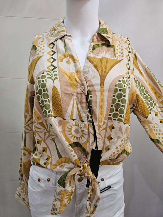 Nicolle Miller Blusa de Lino Estampada Colores Tierra, talla XS -S