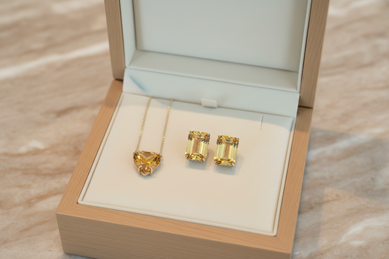 Aretes en oro de 14k y Citrinas Naturales en Corte Esmeralda, pin y mariposa
