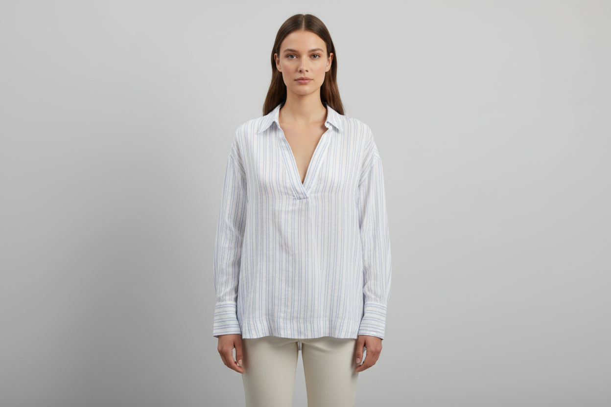 Martha Stewart, Blusa a Rayas Celestes de Lino, Talla L