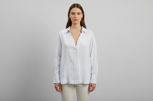 Martha Stewart, Blusa a Rayas Celestes de Lino, Talla L