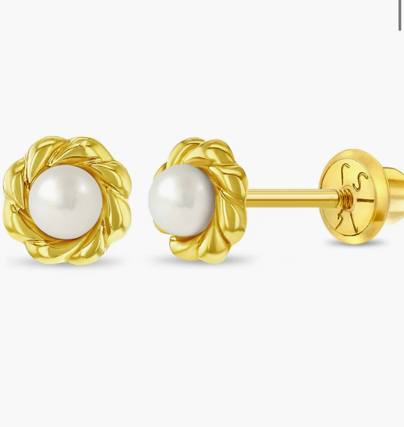Aritos en oro de 14k con rosca de seguridad, ideal para niña o piercing, perlita