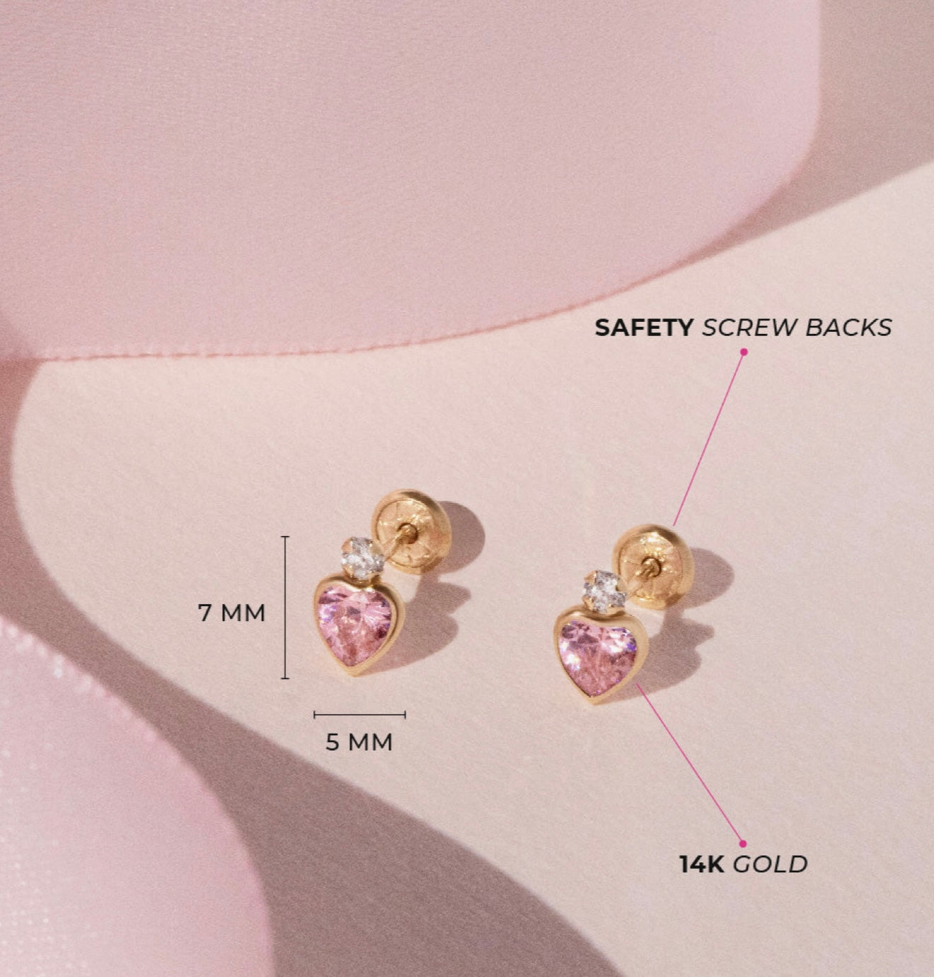 Aritos en oro de 14k con rosca de seguridad, ideal para niña o piercing, con forma de corazón