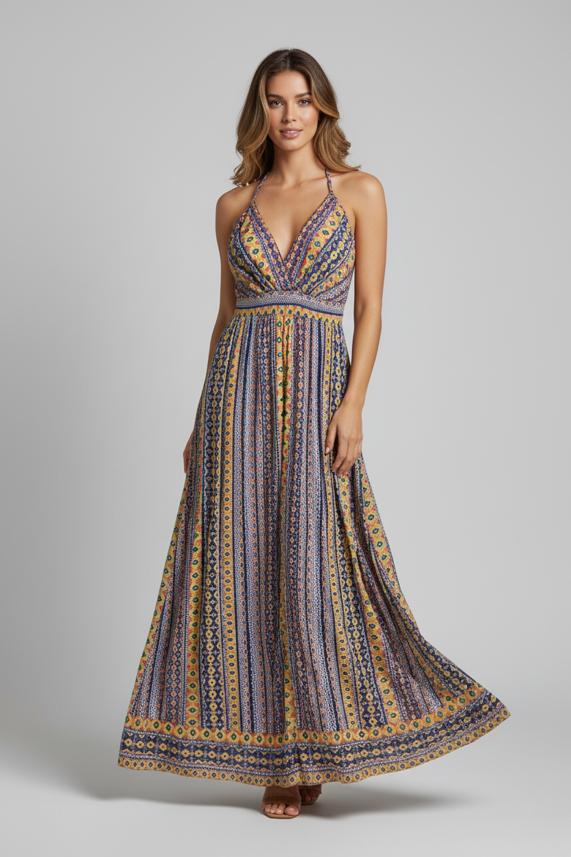 Angie Vestido Maxi Estampado V Neck, Talla S