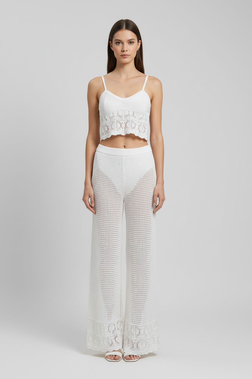 Pink Rose Set de Crochet Pantalon y Crop Top, Talla L