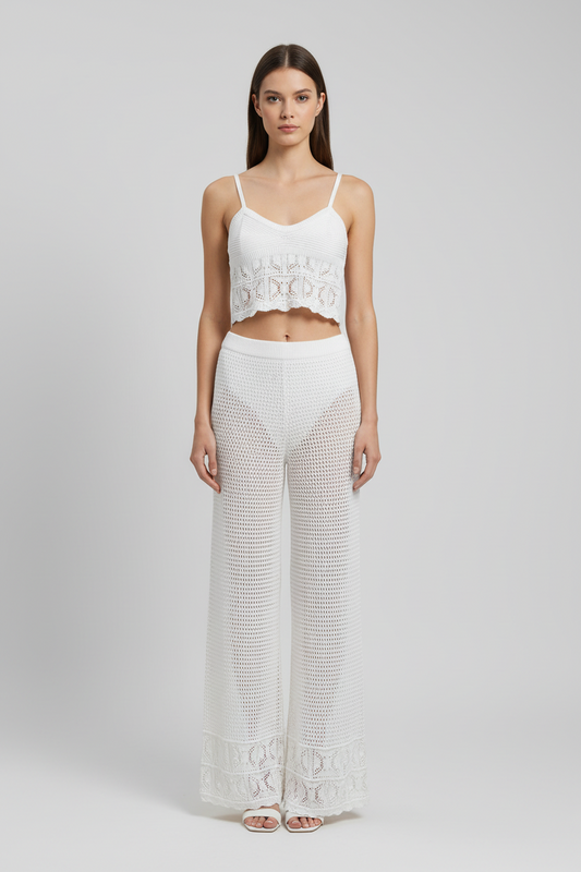 Pink Rose Set de Crochet Pantalon y Crop Top, Talla L