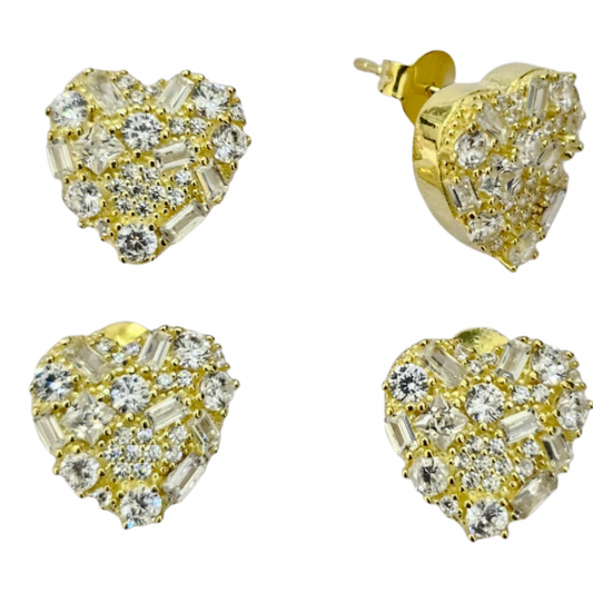 Sweet Heart Aritos en forma de corazón, Plata925 con Baño de Oro y Zircones Baguette