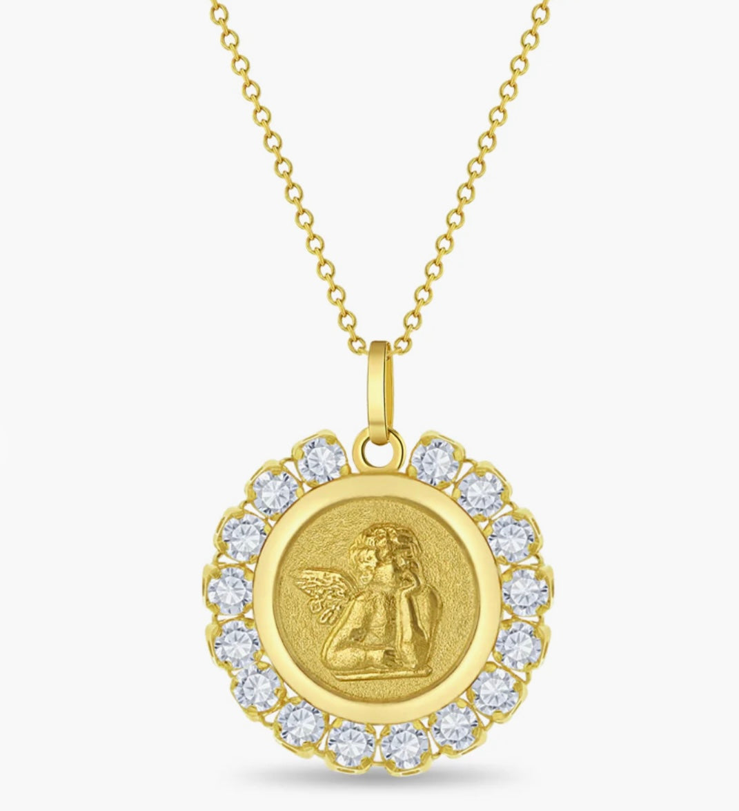 Cadena con medalla de Ángel de la guarda en oro de 14k y perlas