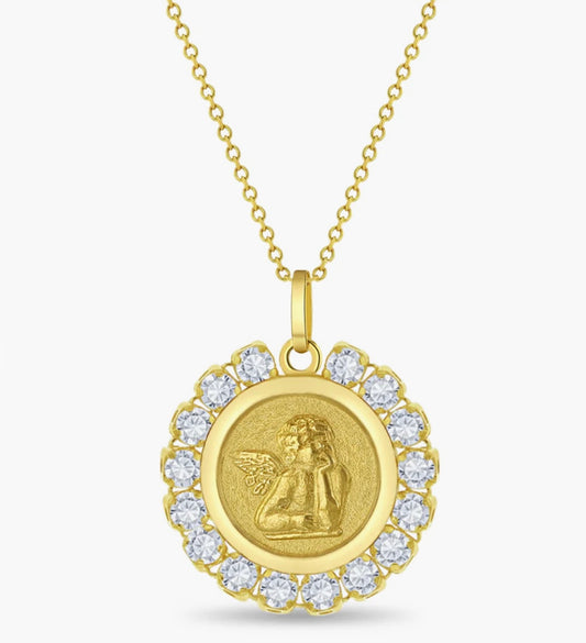 Cadena de oro de 14k y medalla de Ángel de la guarda con zircones,