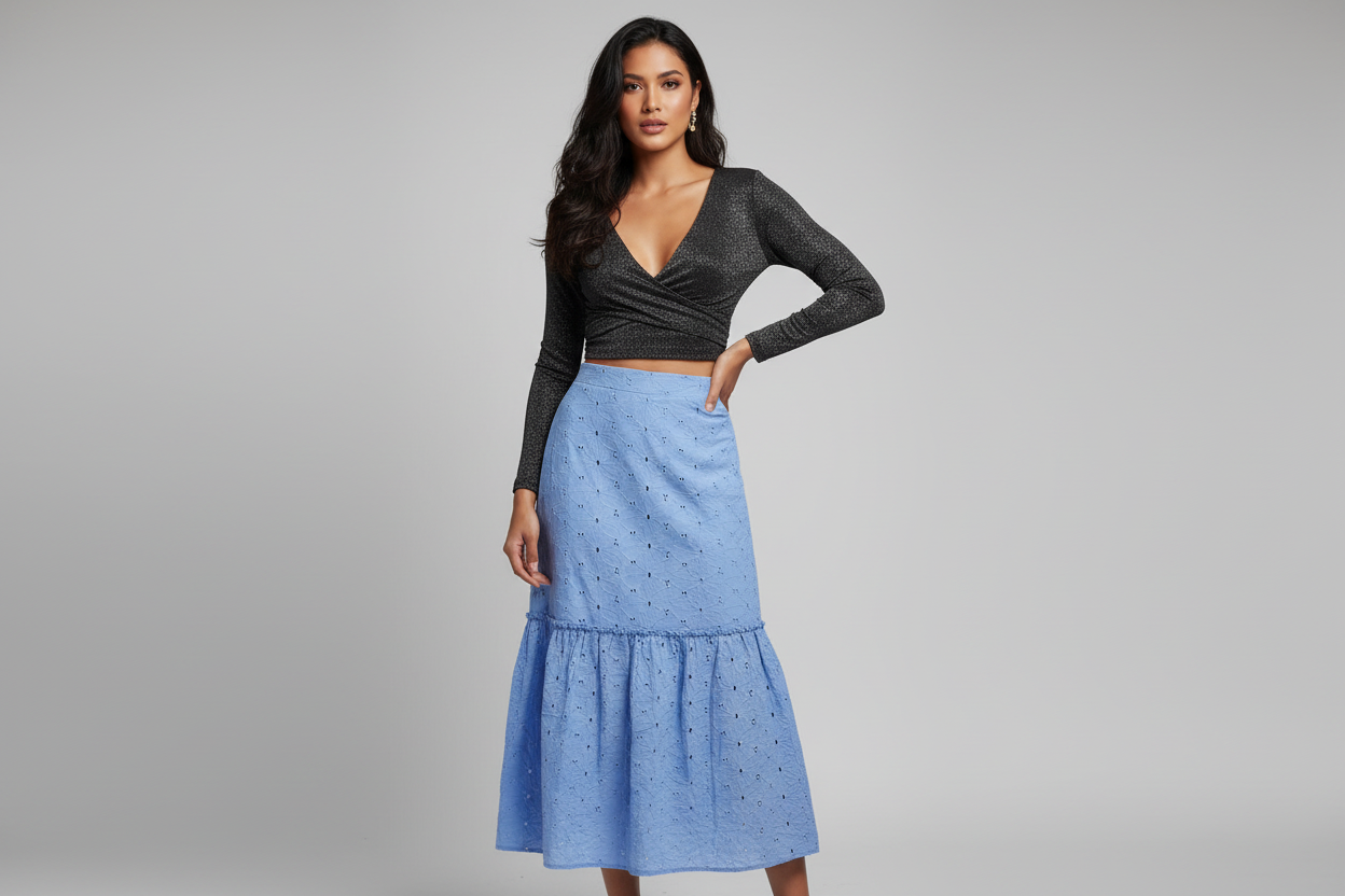 Calypso, Falda Larga Celeste en Tira Bordada, talla L