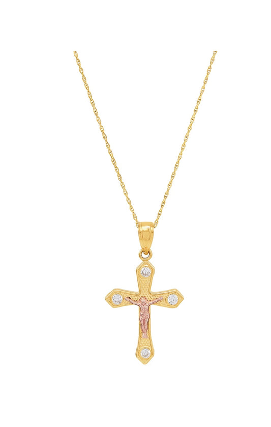 Dije en Oro de 10k, Crucifijo oro amarillo y rosado con Zircones