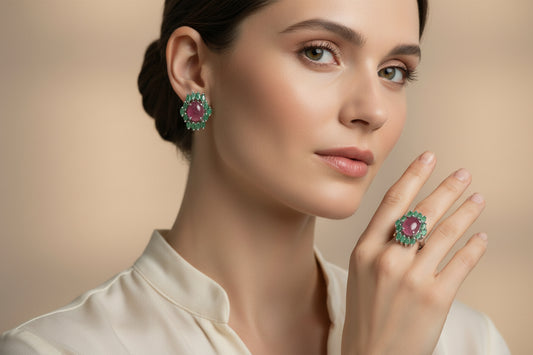 Juego de aretes y anillo Talla 8.5 en plata925 esmeraldas y rubí cabochon naturales