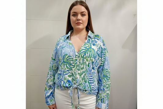 Rachel Roy, Blusa Estampada, colores celestes, Talla XL