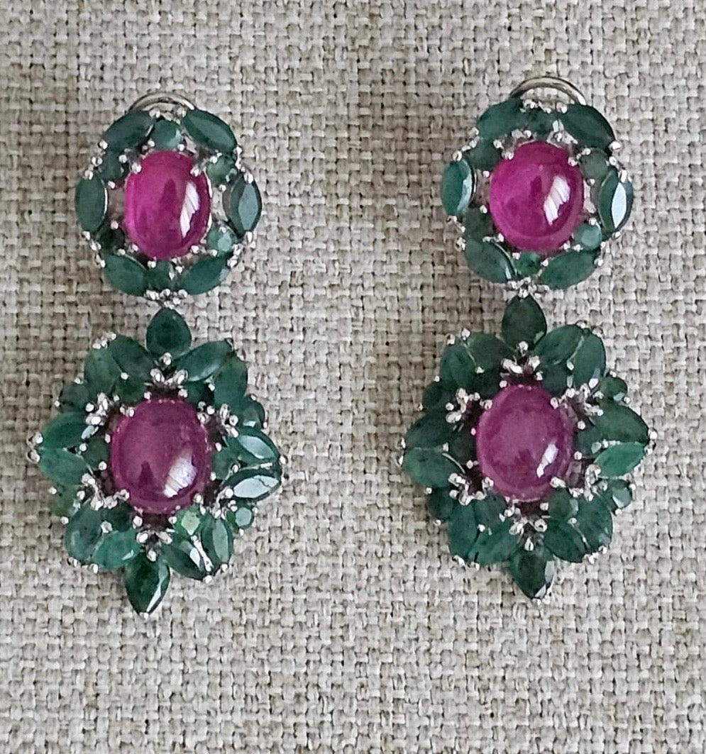 Aretes Largos, plata925, Esmeraldas y Rubíes Cabochon Naturales