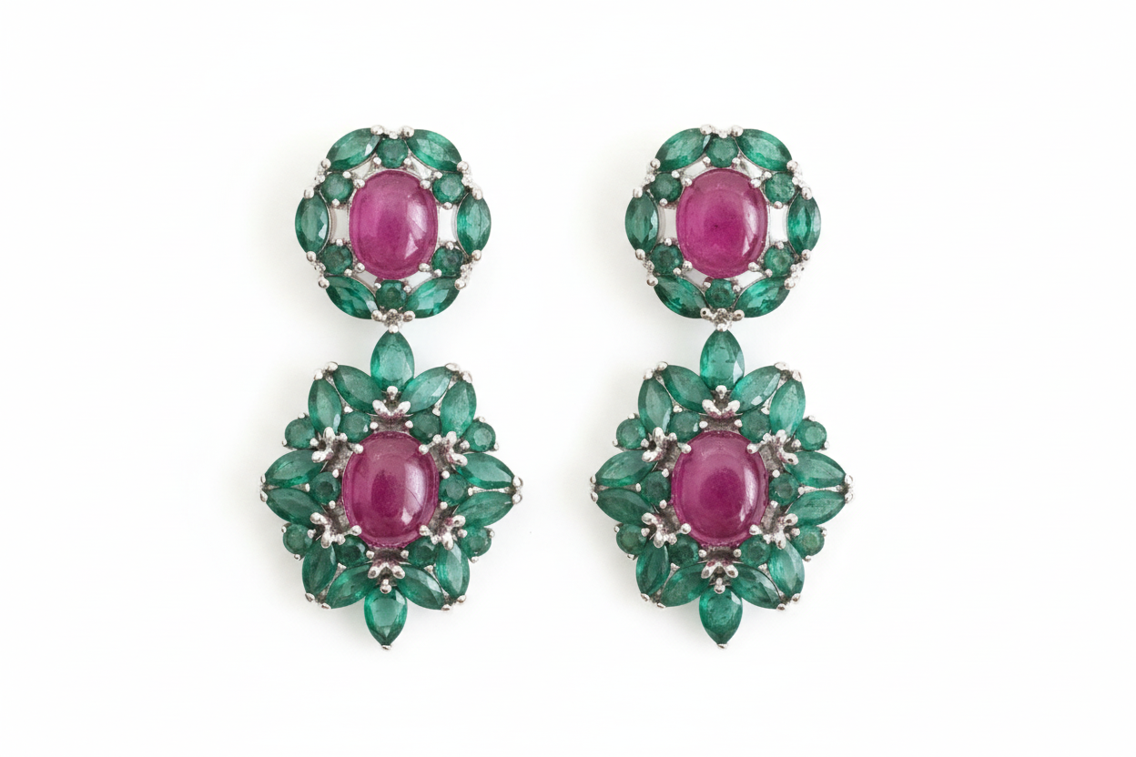 Aretes Largos, plata925, Esmeraldas y Rubíes Cabochon Naturales