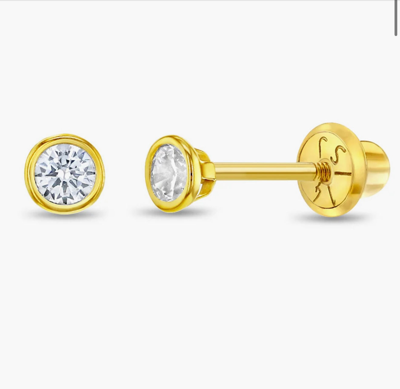 Aritos en oro de 14k con rosca de seguridad, ideal para niña o piercing, solitario con bezel