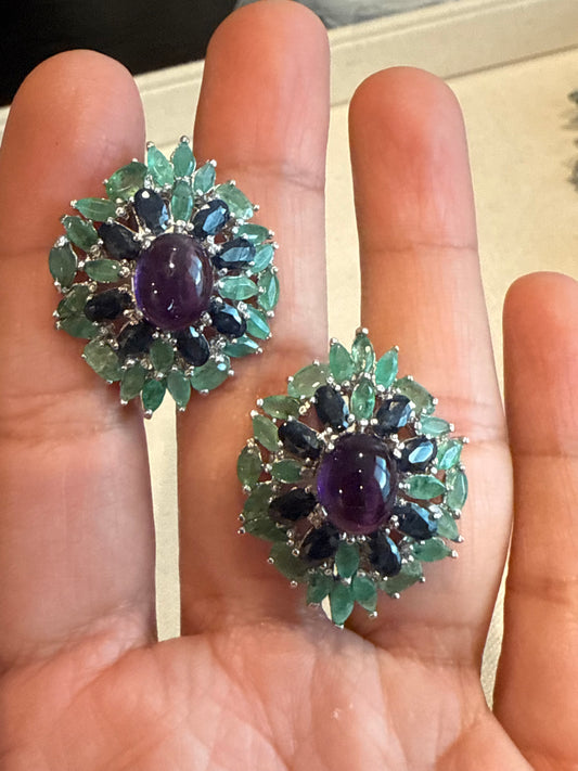 Aretes en plata925 y amatistas, zafiros y esmeraldas naturales