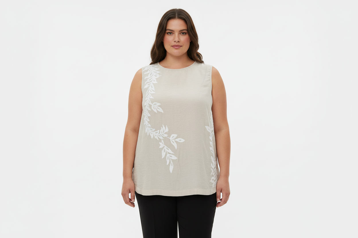 Worthington Blusa Sin Mangas con Hojas Bordadas Color Camel Talla 2XL