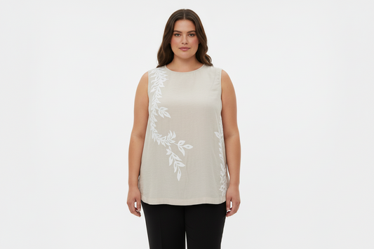 Worthington Blusa Sin Mangas con Hojas Bordadas Color Camel Talla 2XL