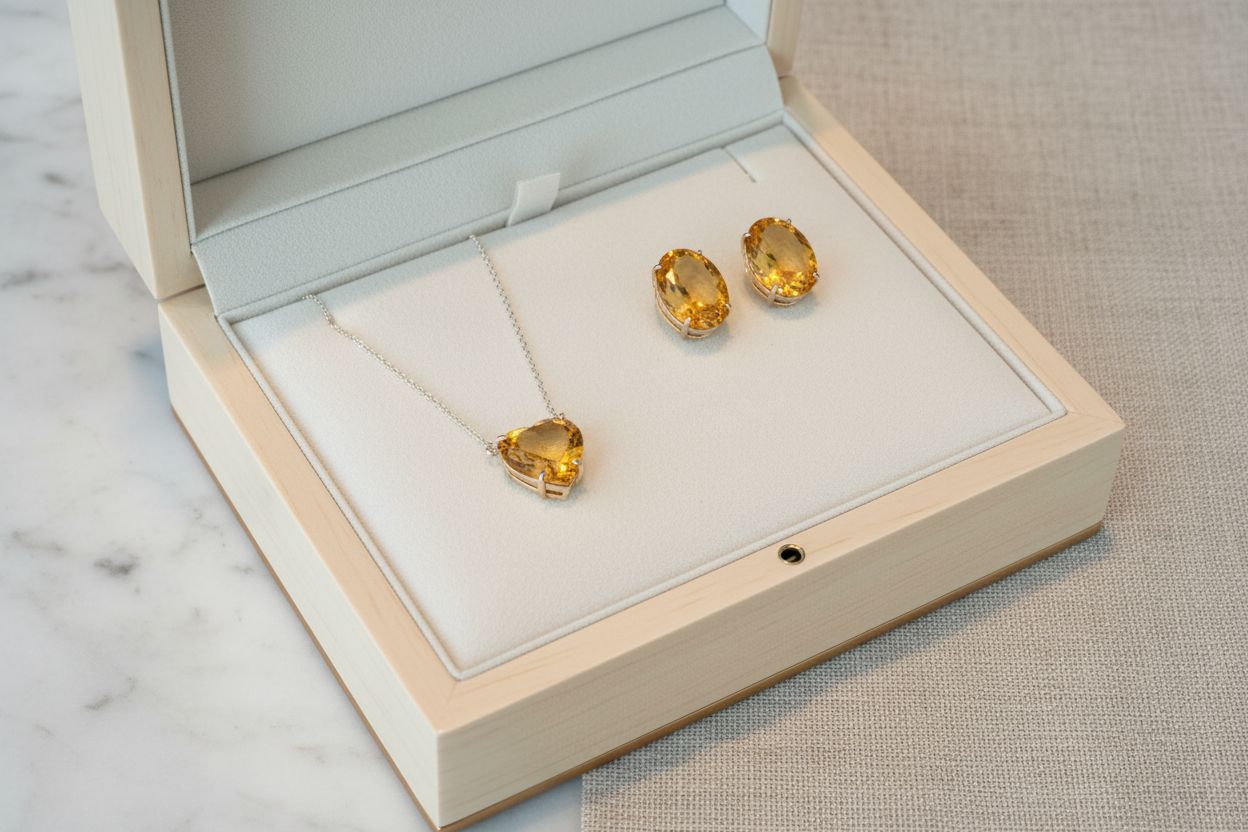 Set de aritos citrinas óvalo en estuche