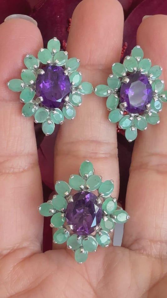 Set aretes y Anillo talla 7.5, en plata925 con esmeraldas y amatistas naturales